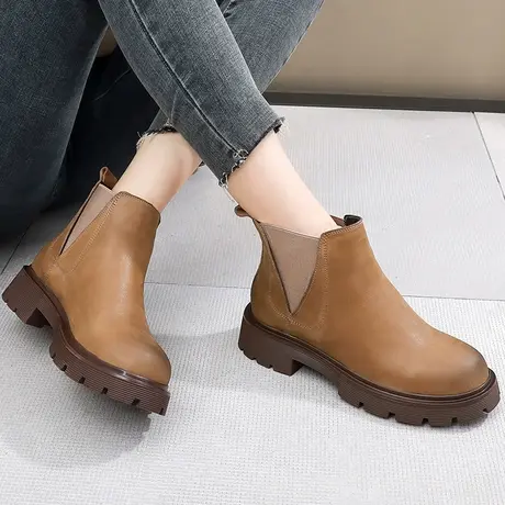 2023新款弹力真皮大码女短靴41一43秋季加绒平底休闲棉靴厚底女靴商品大图