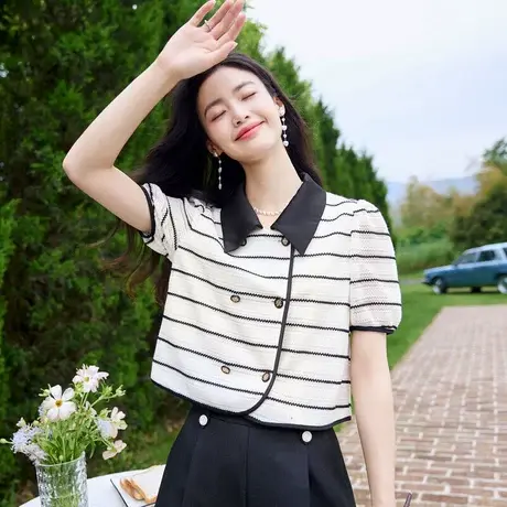 时尚气质条纹短袖外套2023年夏季新款淑女温柔宽松显瘦通勤上衣商品大图