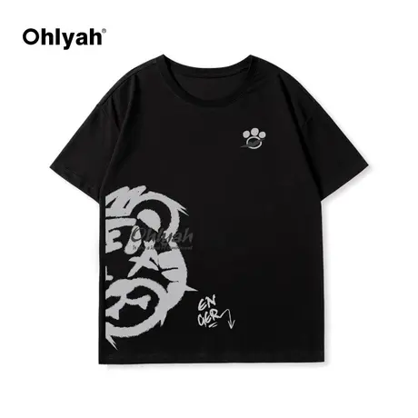 Ohlyah潮牌短袖t恤女黑色宽松纯棉2023年设计感小众夏季印花体恤商品大图