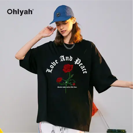 Ohlyah玫瑰花卉半圈字母印花黑色短袖纯棉内搭情侣T恤男女款潮牌商品大图