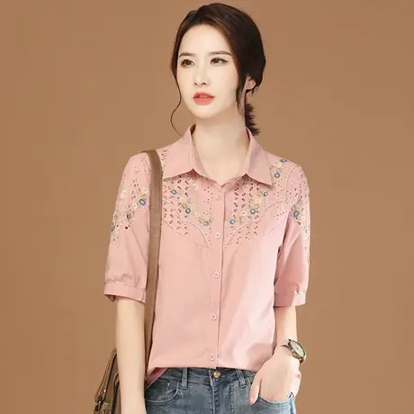 韩潮袭人蕾丝拼接短袖衬衫女设计感2023夏季新款休闲刺绣镂空衬衣商品大图