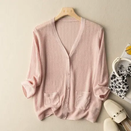 亚麻开衫女薄针织衫2022春夏新款棉麻文艺复古V领空调衫女空调衫图片