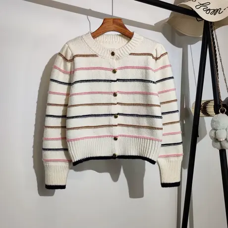 条纹毛衣外套女2023春装新款法式复古圆领短款小个子针织开衫上衣图片