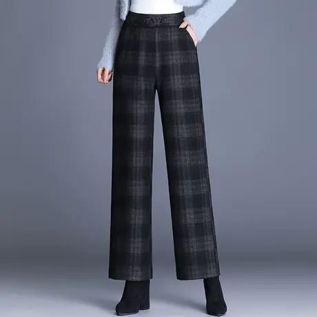 格子阔腿裤女秋冬毛呢长裤2023新款高腰大码宽松直筒裤垂感休闲裤商品大图