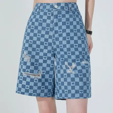 格子破洞牛仔短裤女夏季薄款直筒中裤a字5分裤新款五分裤女夏高腰图片