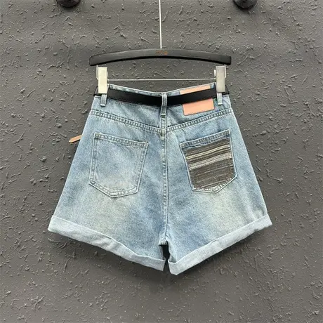 2023夏季新款休闲百搭牛仔短裤女时尚后口袋刺绣个性阔腿卷边热裤商品大图