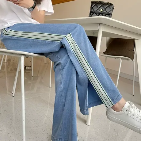天丝开叉阔腿牛仔裤女夏薄款高腰垂感直筒宽松抽绳加长冰丝拖地裤图片