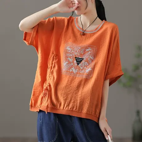 dza复古短款休闲上衣女士短袖夏季薄款宽松t恤纯棉圆领打底体恤衫商品大图