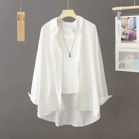 2023年新品中长款纯色薄款防晒白衬衫女长袖宽松外搭衬衣防晒衫棉商品大图