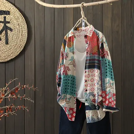 枫谜2021年夏季新款文艺复古印花棉麻长袖衬衫女宽松薄款苎麻衬衣图片