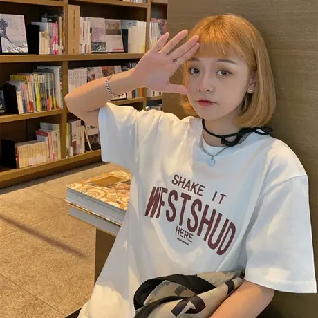 港风2023新款韩版夏装字母百搭宽松慵懒风半袖短袖纯棉T恤女ins潮图片