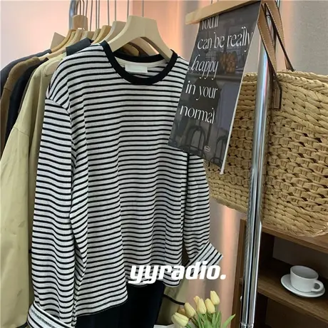 韩国2023卫衣女春秋薄款韩版圆领宽松长袖条纹t恤女打底衫上衣服商品大图
