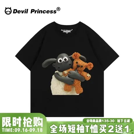 ulzzang小众卡通ins潮牌黑色短袖t恤女古着感大版宽松正肩上衣潮图片