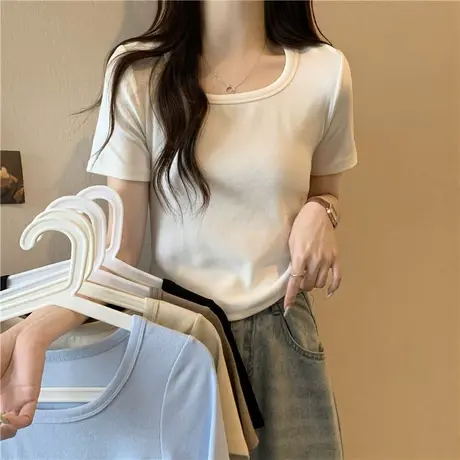 方领正肩短袖T恤女夏天韩版修身显瘦小个子短款纯棉半袖体恤ins潮图片