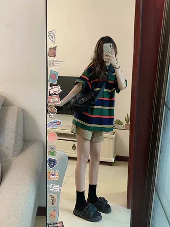 条纹复古纯棉短袖t恤女美式高街小众设计感别致夏季半袖上衣ins潮图片