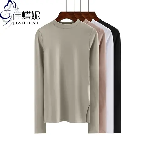 秋冬新款韩版半高领纯棉修身侧开叉长袖体恤女上衣打底衫纯色T恤图片