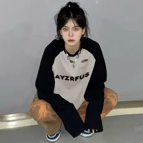 纯棉插肩袖撞色长袖t恤女外穿秋季小众设计感美式复古打底衫上衣图片