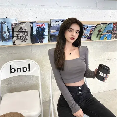 方领小心机纯棉修身短款长袖t恤设计感露脐高腰性感打底衫ins上衣商品大图