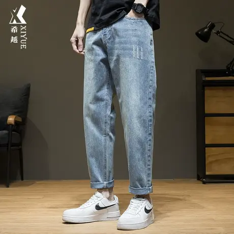 秋冬潮牌直筒浅色牛仔裤男新款宽松大码胖子男士加绒九分锥形裤子商品大图
