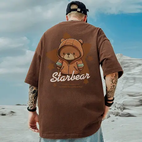 oversize美式潮牌胖子男装大码宽松美式小熊短袖T恤咖啡色半袖夏商品大图