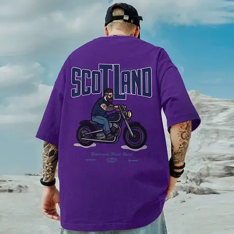 美式重磅潮牌宽松T恤胖子短袖男加肥加大五分袖紫色大码男装夏季商品大图