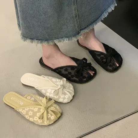 网面透气包头半拖鞋女夏季外穿2023年新款蝴蝶结平底鱼嘴穆勒凉拖图片