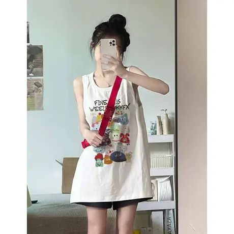 美式复古纯棉吊带运动坎肩背心无袖t恤女夏季外穿宽松篮球服上衣图片