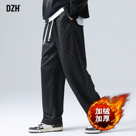 男士直筒加绒休闲裤男秋冬款2024新款黑色裤子美式高街垂感阔腿裤商品大图