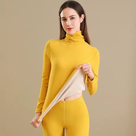 高端山羊绒保暖内衣女套装无痕蚕丝德绒秋衣加厚高领内搭打底T恤商品大图