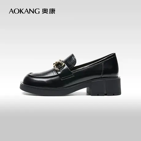 【门店发货】奥康女鞋 春秋季新款复古黑色小皮鞋圆头乐福鞋图片