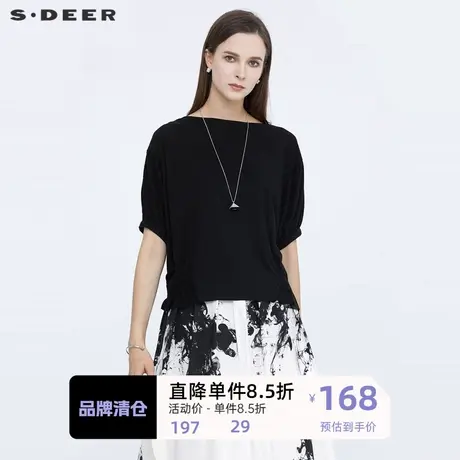 sdeer圣迪奥女装圆领抽褶拼接宽松短袖T恤S21280153👈图片