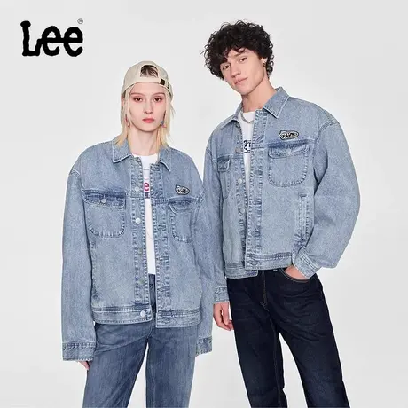 Lee24早春新品舒适字母设计贴布浅蓝色男女同款骑士牛仔夹克外套商品大图