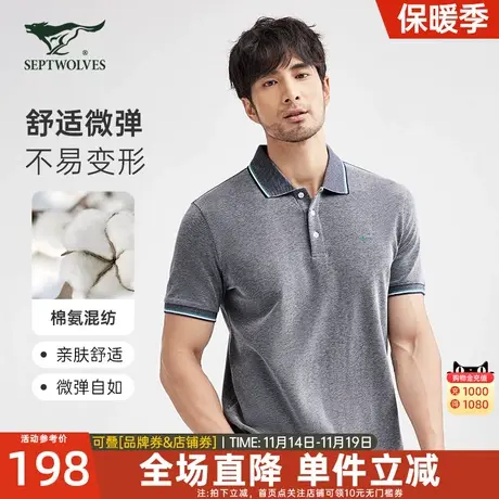B七匹狼短袖T恤2023年夏季翻领时尚都市商务狼标休闲纯色Polo衫男商品大图