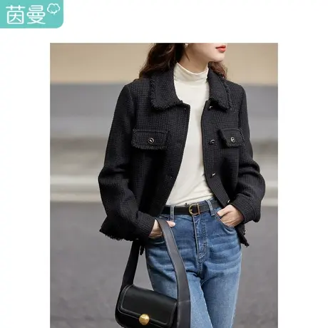 茵曼小香风短外套2023秋女装新款毛边大翻领长袖宽松显瘦百搭上衣商品大图