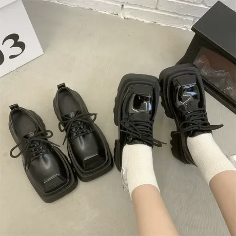复古方头乐福鞋女2024年春秋季新款法式粗跟单鞋英伦风厚底小皮鞋商品大图