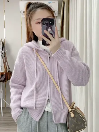 2023春秋新款长袖连帽针织开衫双拉链外套设计感小众穿搭上衣女商品大图