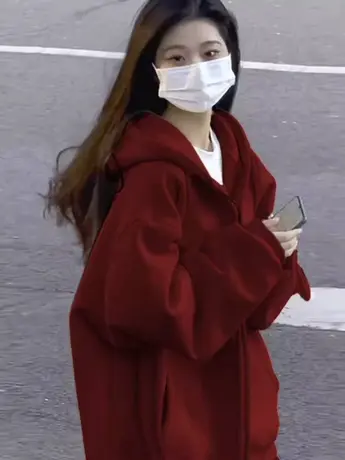 拉链开衫卫衣女秋冬加绒加厚小个子宽松oversize美式复古连帽外套商品大图