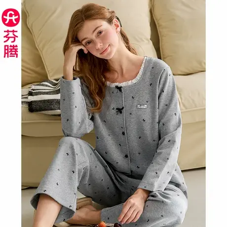 芬腾睡衣女春秋季纯棉长袖圆领开衫套装女款休闲加大码全棉家居服商品大图