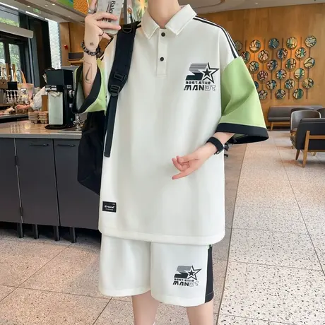 翻领短袖t恤男款夏季休闲运动套装高级感一整套穿搭衣服polo衫潮图片