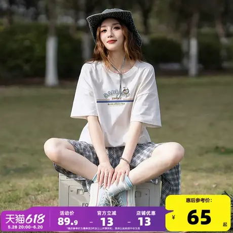 唐狮2025夏季女新款短袖T恤白色纯棉圆领字母印花减龄设计感T恤商品大图
