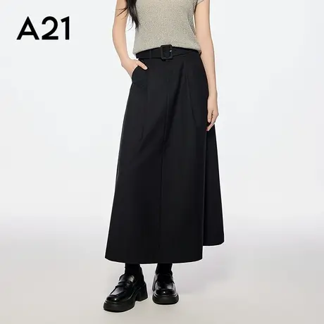 A21女装黑色伞型半身裙简约长裙宽松显瘦系带A字裙气质中长款图片