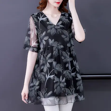 大码中长款雪纺衫女2023夏季新款短袖女宽松上衣洋气v领时尚小衫商品大图