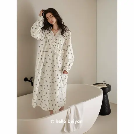 贝妍新款睡衣女春秋季性感V领浴袍柔软莫代尔棉长袖大码睡裙睡袍商品大图