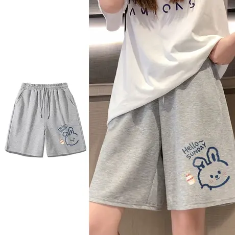 胖mm美式复古运动短裤女夏季宽松百搭阔腿高腰松紧抽绳五分裤中裤图片