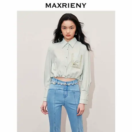 【奥莱】MAXRIENY雾绿色廓形烫钻衬衫穿搭上衣女图片