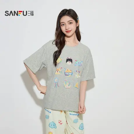 三福女秋季圆领趣味插肩睡衣套装 甜美多巴胺宽松家居服503739商品大图