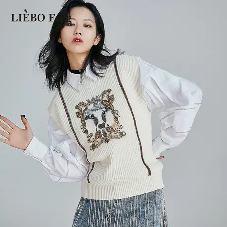 裂帛LIEBOFeng原创设计复古立体刺绣米白色百搭无袖马甲毛织背心商品大图