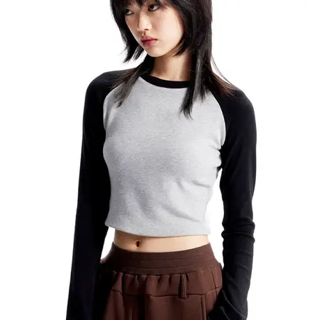 2023新款秋冬季修身打底衫设计感小众短款辣妹上衣正肩长袖t恤女图片
