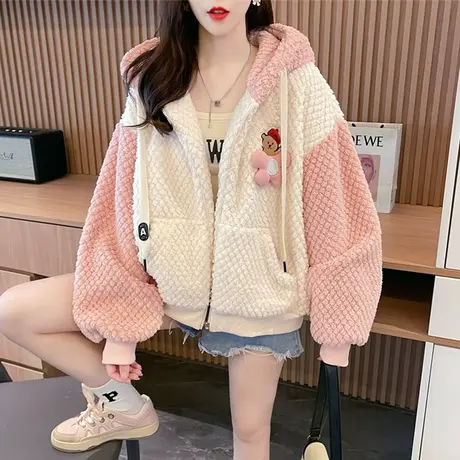 连帽卫衣女秋冬韩版宽松加绒加厚撞色保暖百搭学生羊羔毛开衫外套图片