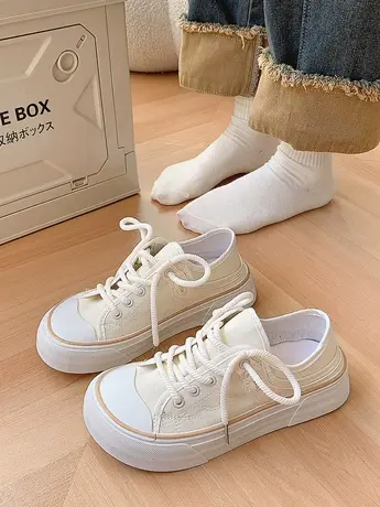 芒果头帆布鞋女2023新款春秋薄款厚底丑萌大头鞋超火小众小白鞋子图片